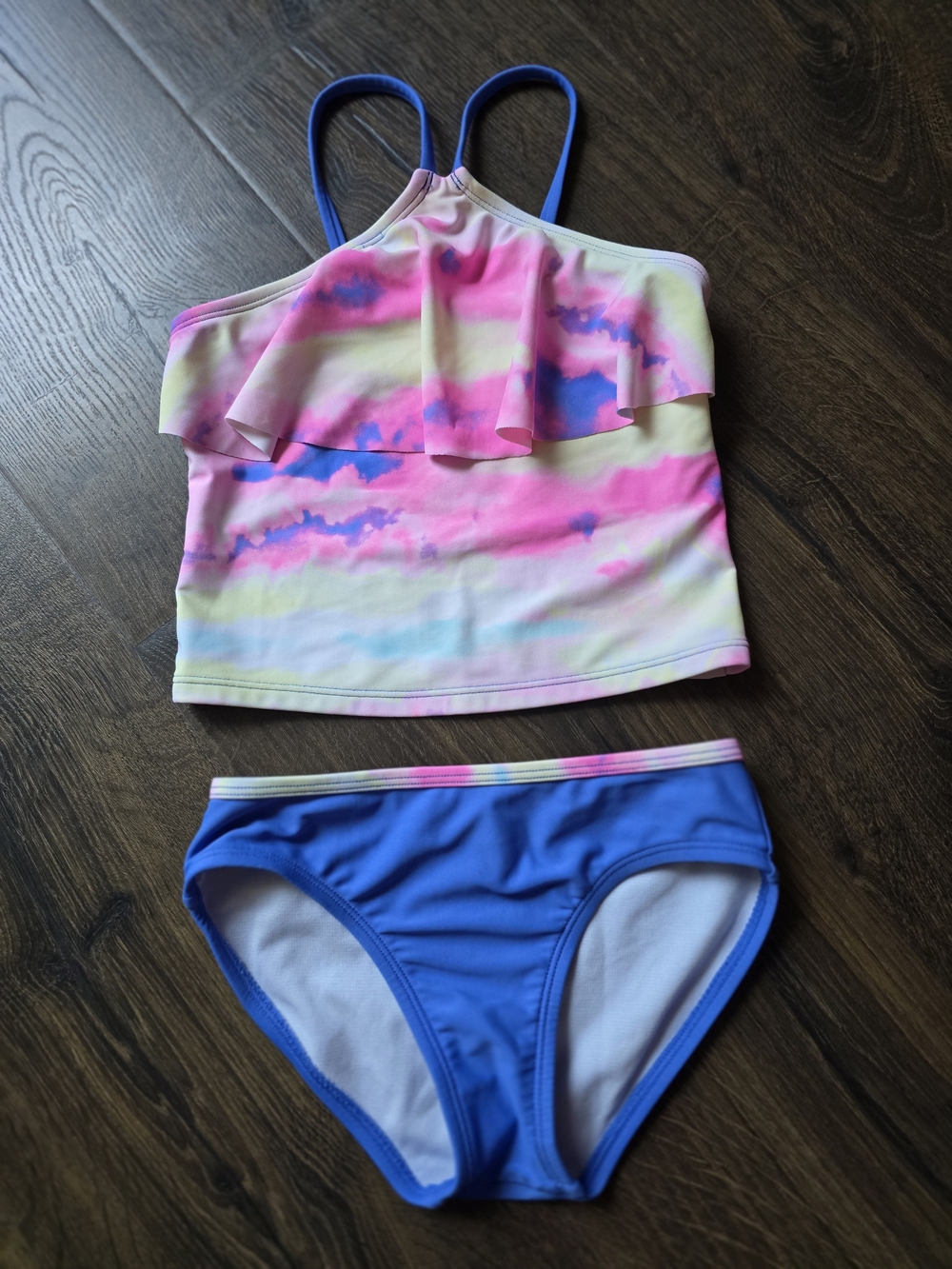Girls Blue & Pink Ruffle Tankini Swim Set